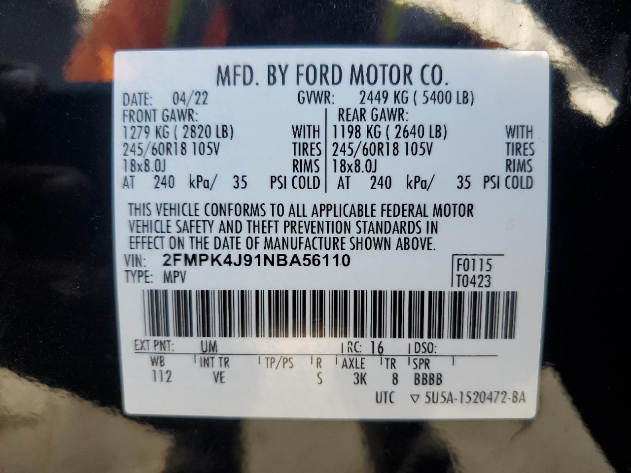 2022 Ford Edge Sel VIN: 2FMPK4J91NBA56110 Lot: 67913904