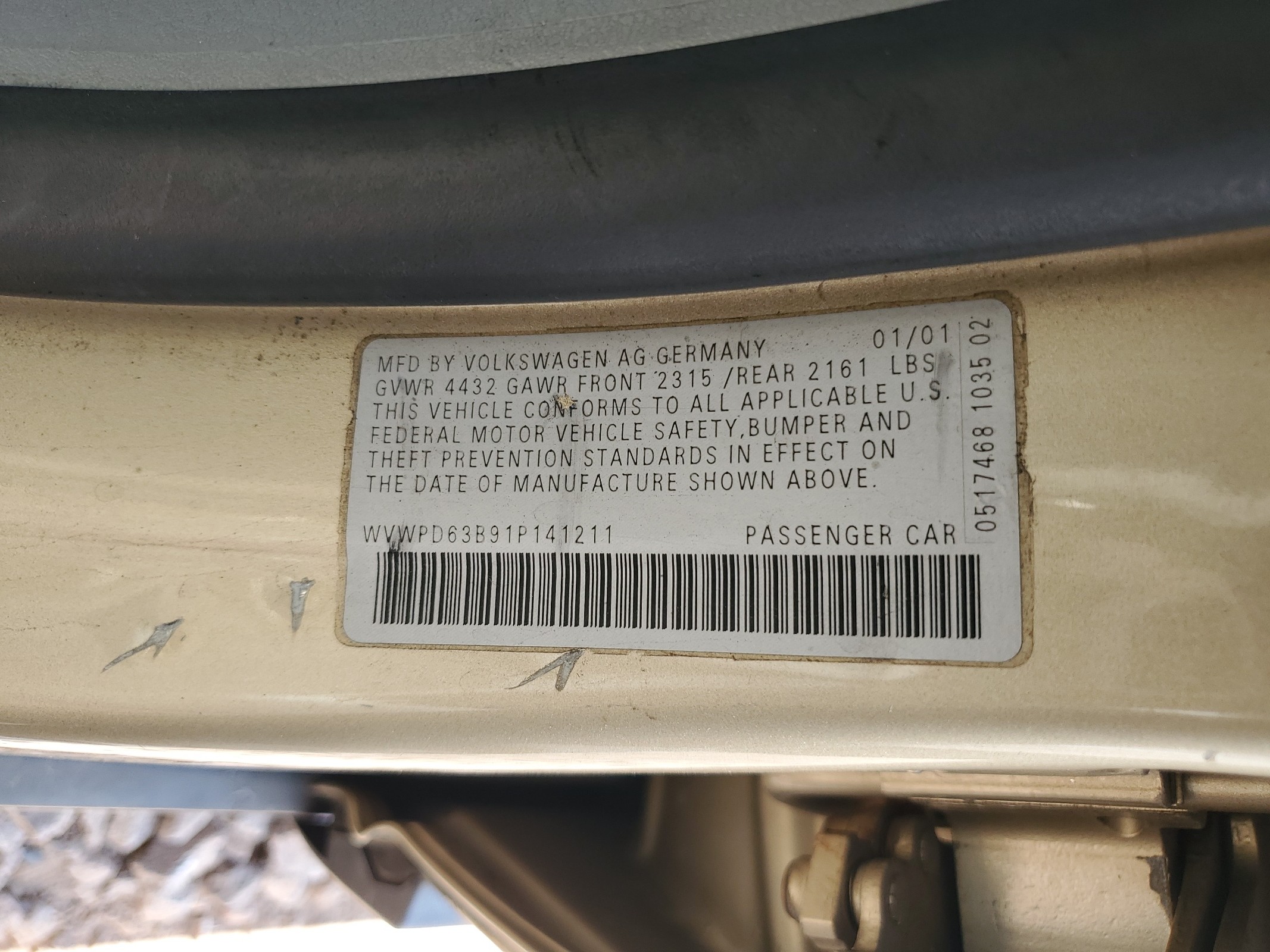 WVWPD63B91P141211 2001 Volkswagen Passat Gls