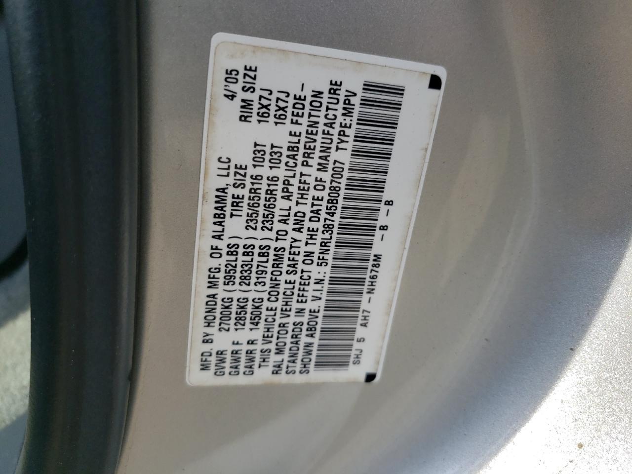2005 Honda Odyssey Exl VIN: 5FNRL38745B087007 Lot: 65831064