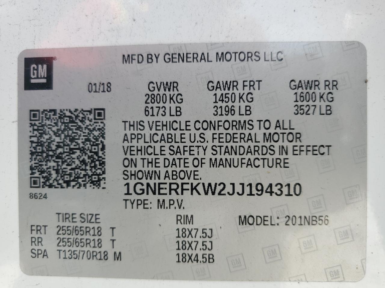 1GNERFKW2JJ194310 2018 Chevrolet Traverse Ls