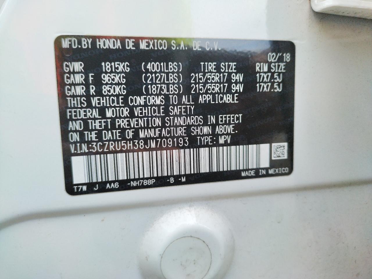 2018 Honda Hr-V Lx VIN: 3CZRU5H38JM709193 Lot: 65807964