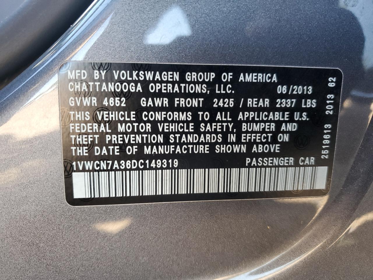 2013 Volkswagen Passat Sel VIN: 1VWCN7A36DC149319 Lot: 65408334