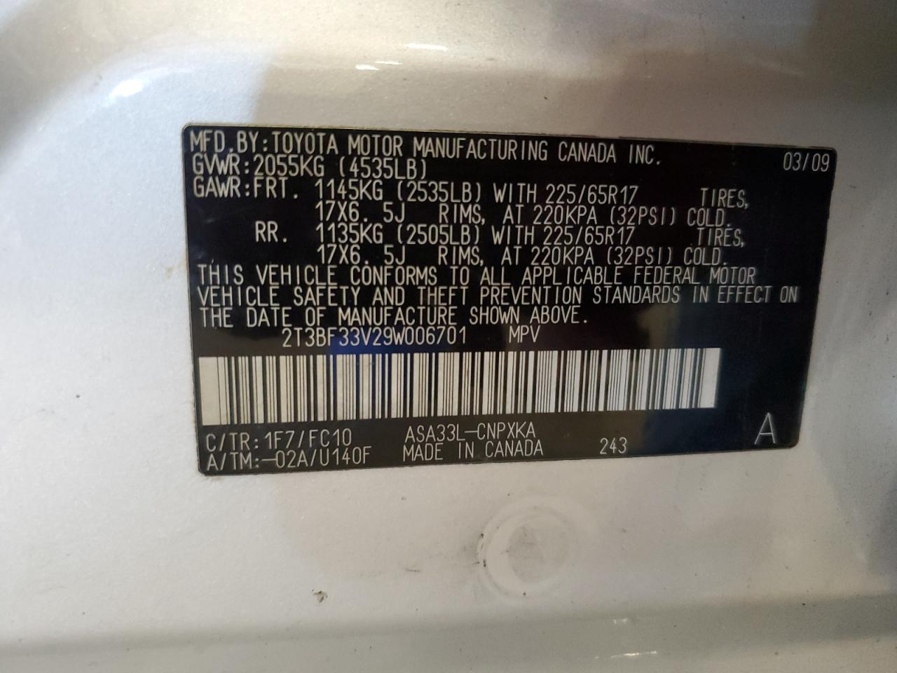 2009 Toyota Rav4 VIN: 2T3BF33V29W006701 Lot: 66629684