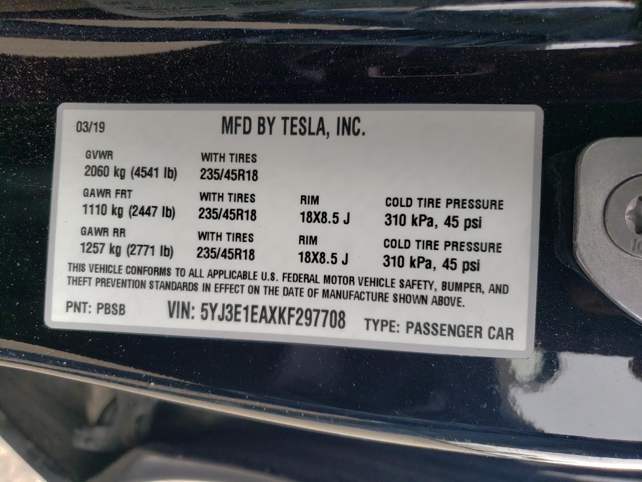 2019 Tesla Model 3 VIN: 5YJ3E1EAXKF297708 Lot: 66702014