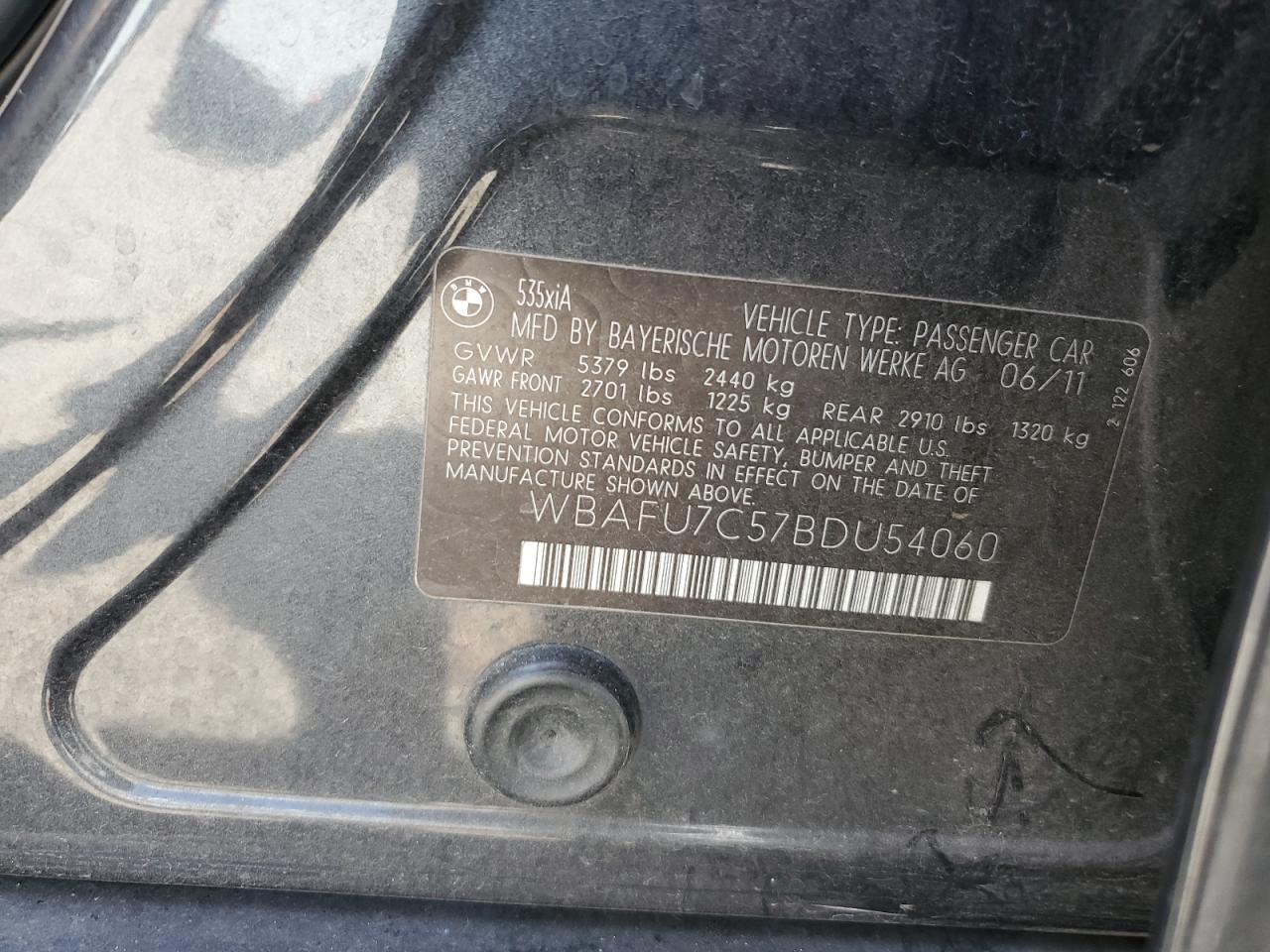 2011 BMW 535 Xi VIN: WBAFU7C57BDU54060 Lot: 68126604