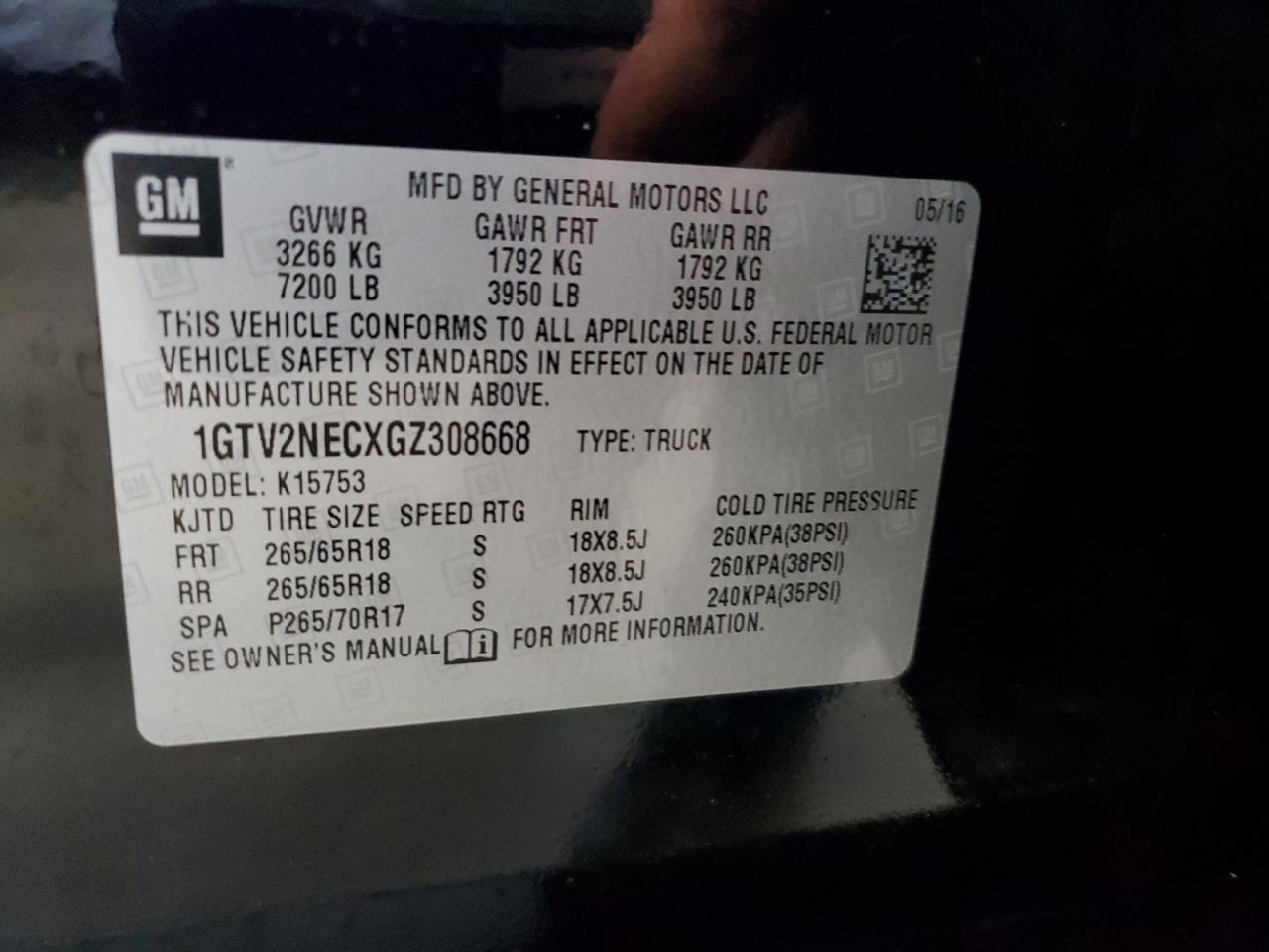 1GTV2NECXGZ308668 2016 GMC Sierra K1500 Slt