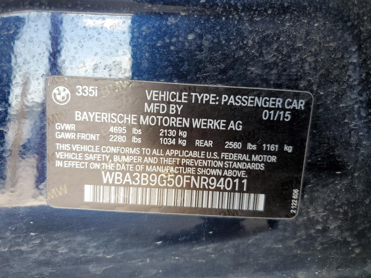 2015 BMW 335 Xi VIN: WBA3B9G50FNR94011 Lot: 68900704