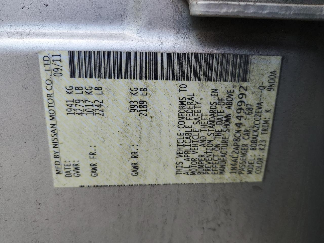 2012 Nissan Altima Base VIN: 1N4AL2AP8CN449992 Lot: 67234104