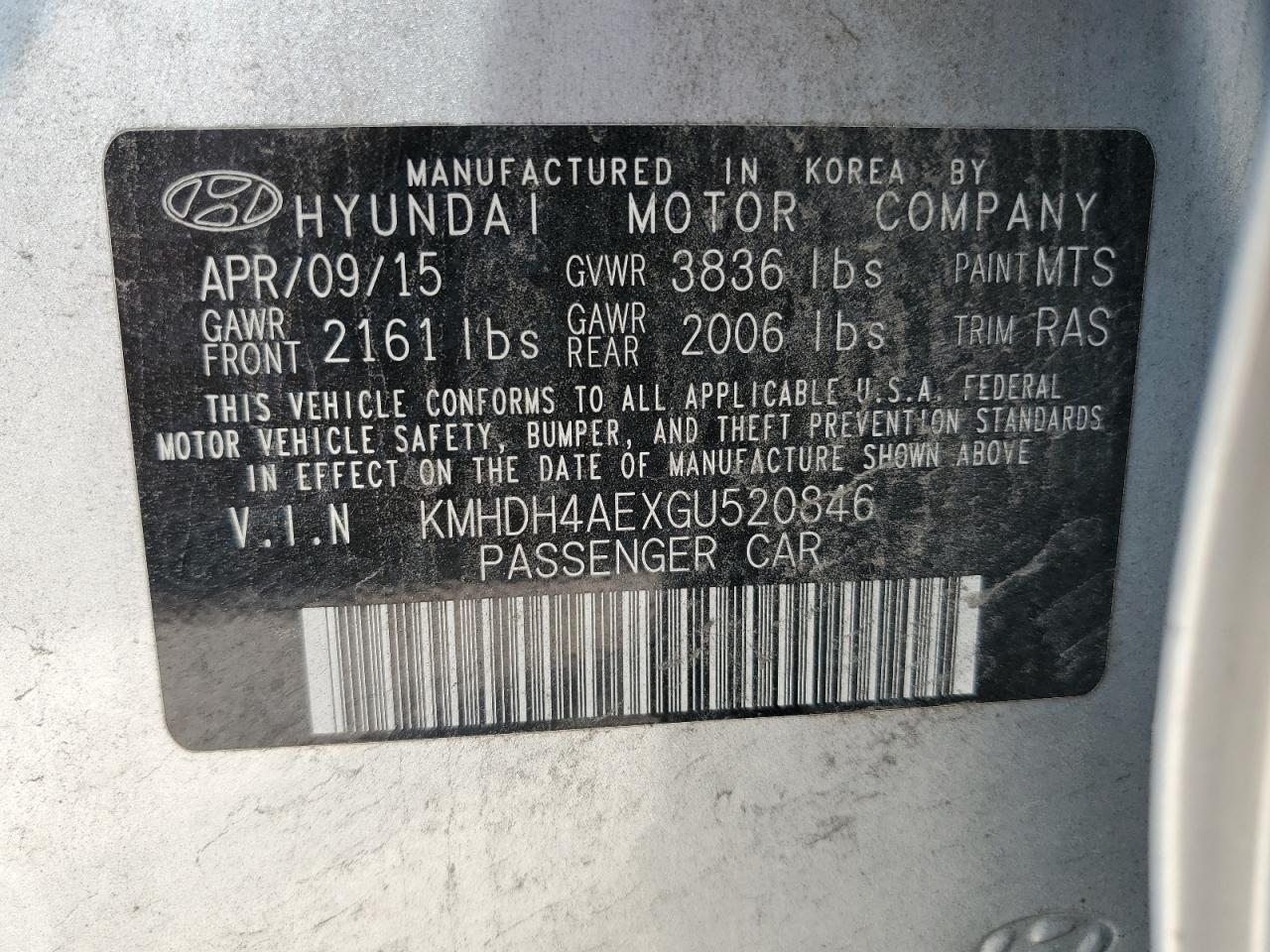 2016 Hyundai Elantra Se VIN: KMHDH4AEXGU520846 Lot: 65564564