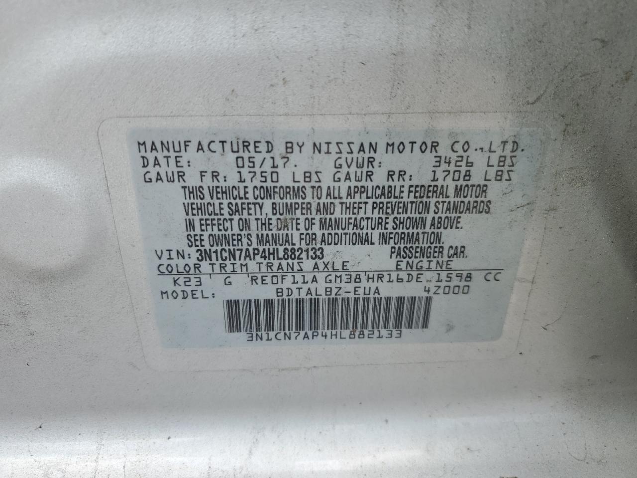 3N1CN7AP4HL882133 2017 Nissan Versa S