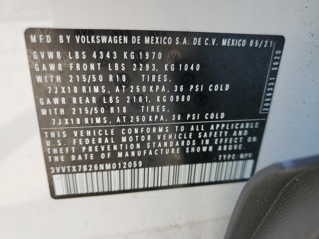 3VVTX7B26NM012059 2022 Volkswagen Taos Se