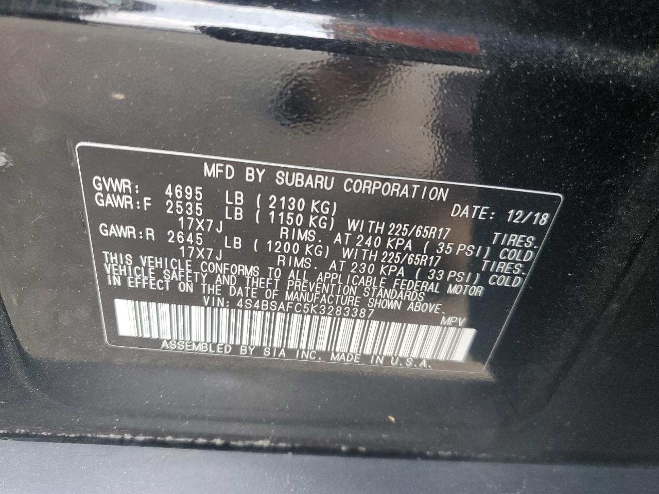 4S4BSAFC5K3283387 2019 Subaru Outback 2.5I Premium