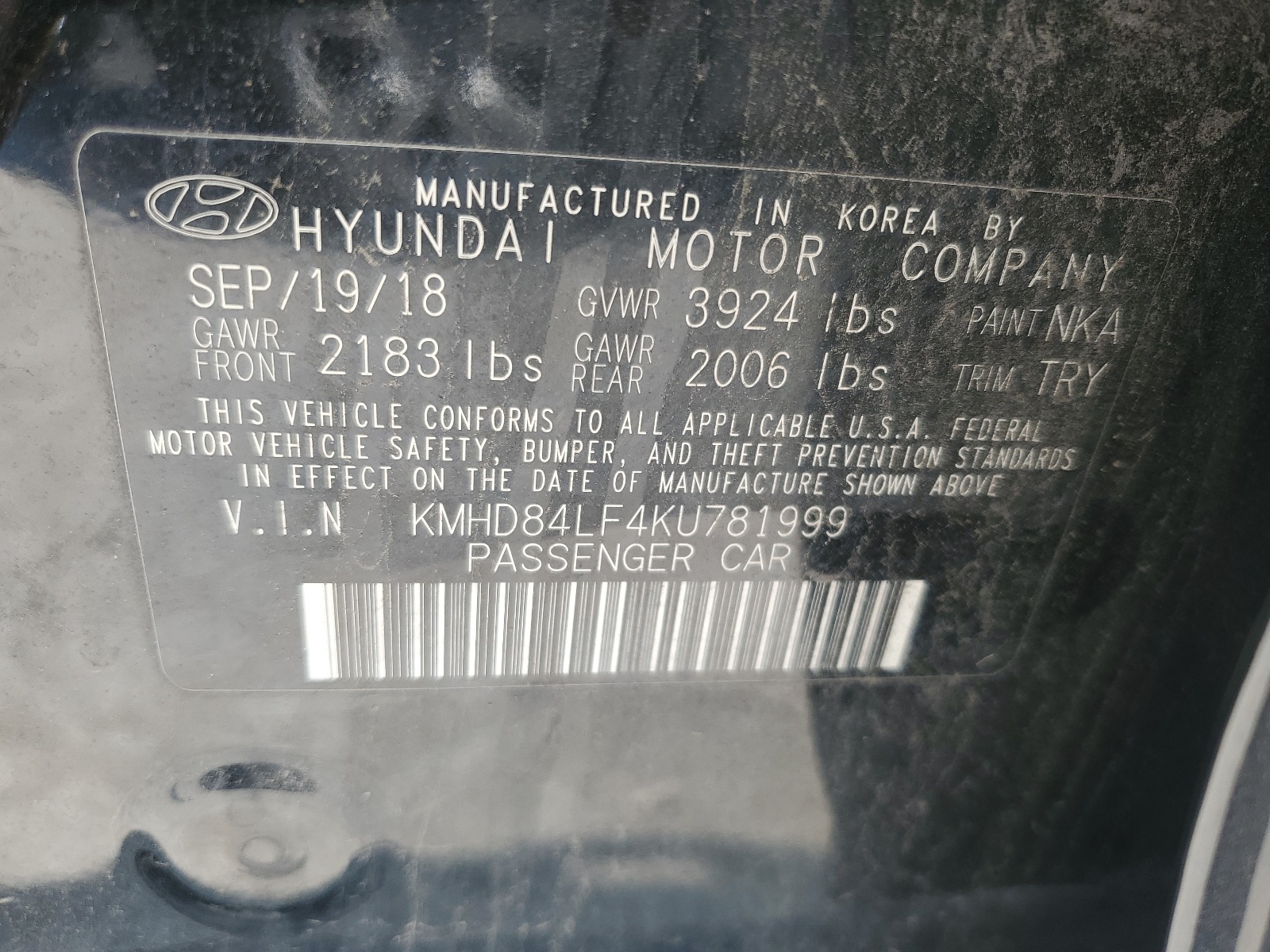 KMHD84LF4KU781999 2019 Hyundai Elantra Sel