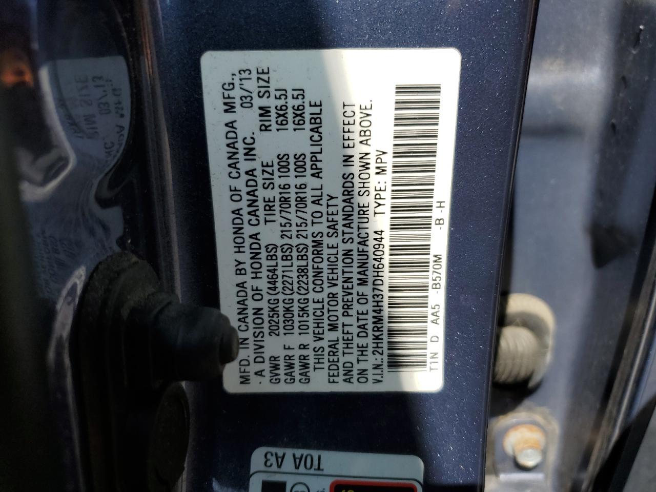 2013 Honda Cr-V Lx VIN: 2HKRM4H37DH640944 Lot: 66883244