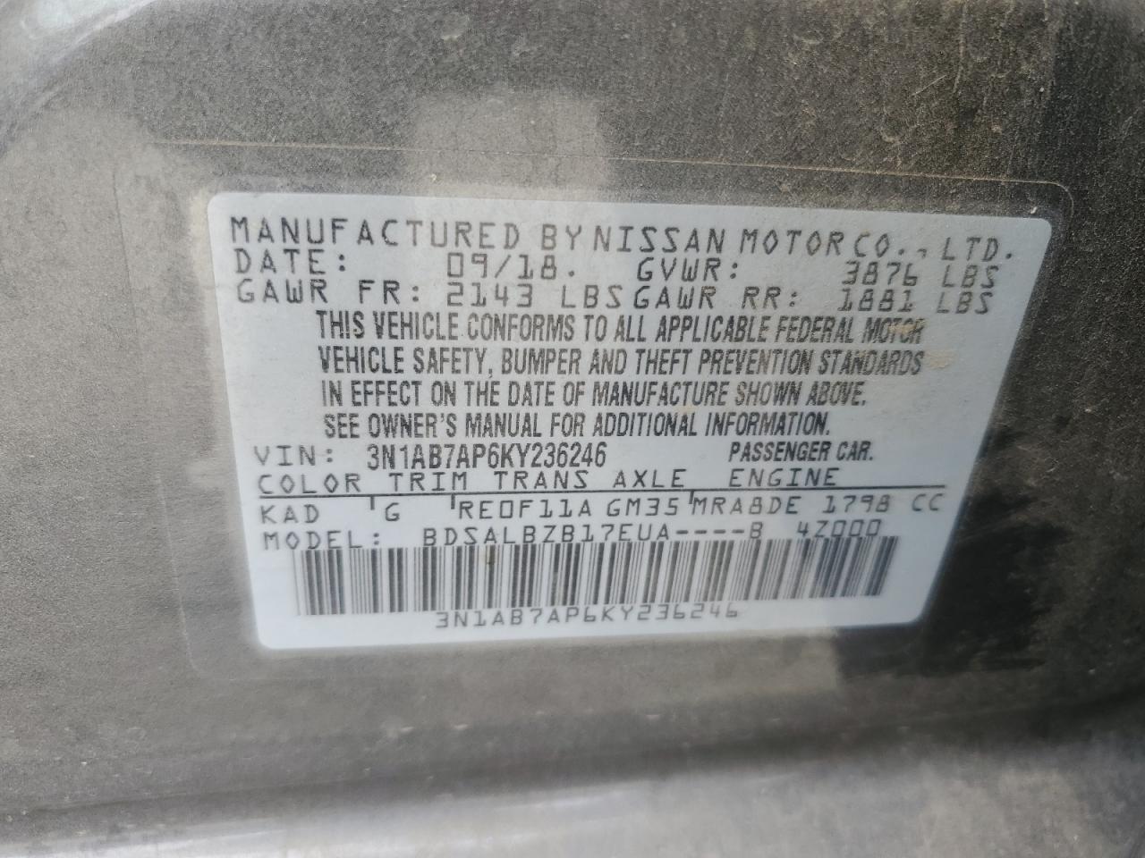 3N1AB7AP6KY236246 2019 Nissan Sentra S