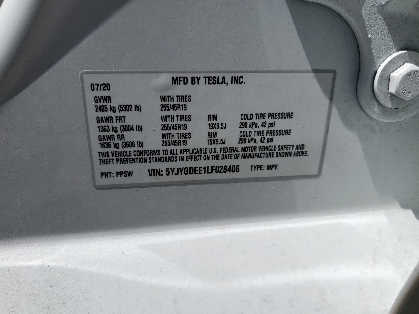 5YJYGDEE1LF028406 2020 Tesla Model Y