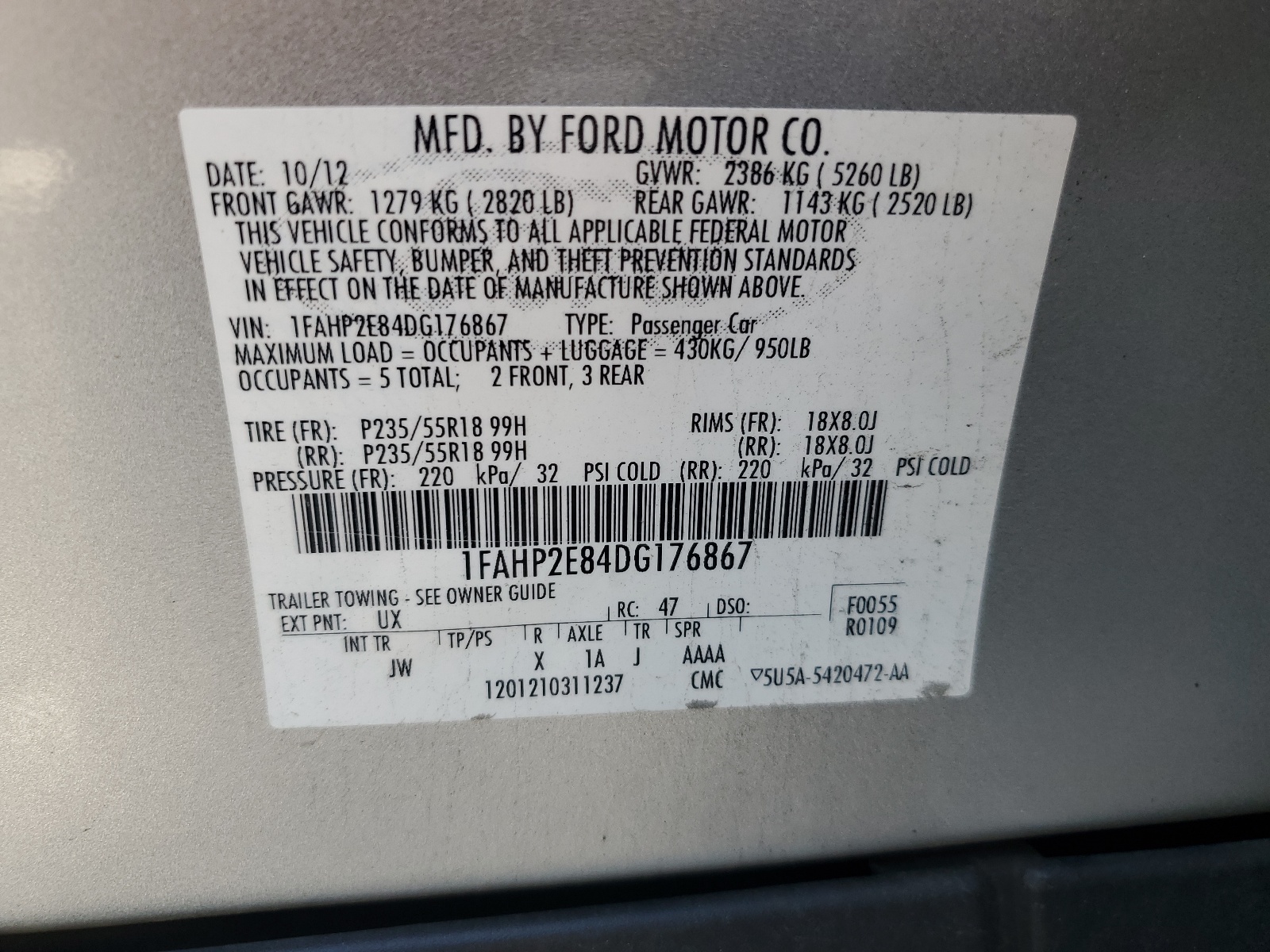 1FAHP2E84DG176867 2013 Ford Taurus Sel