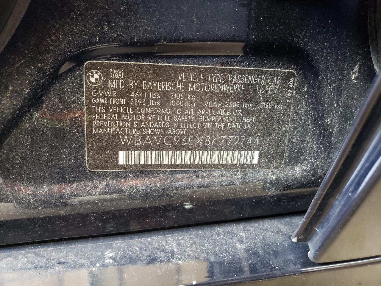 2008 BMW 328 Xi VIN: WBAVC935X8KZ72744 Lot: 66363134