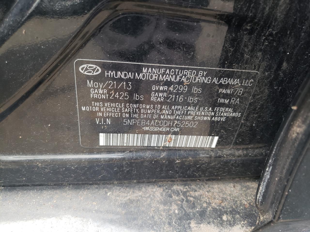 2013 Hyundai Sonata Gls VIN: 5NPEB4AC0DH752502 Lot: 67478104