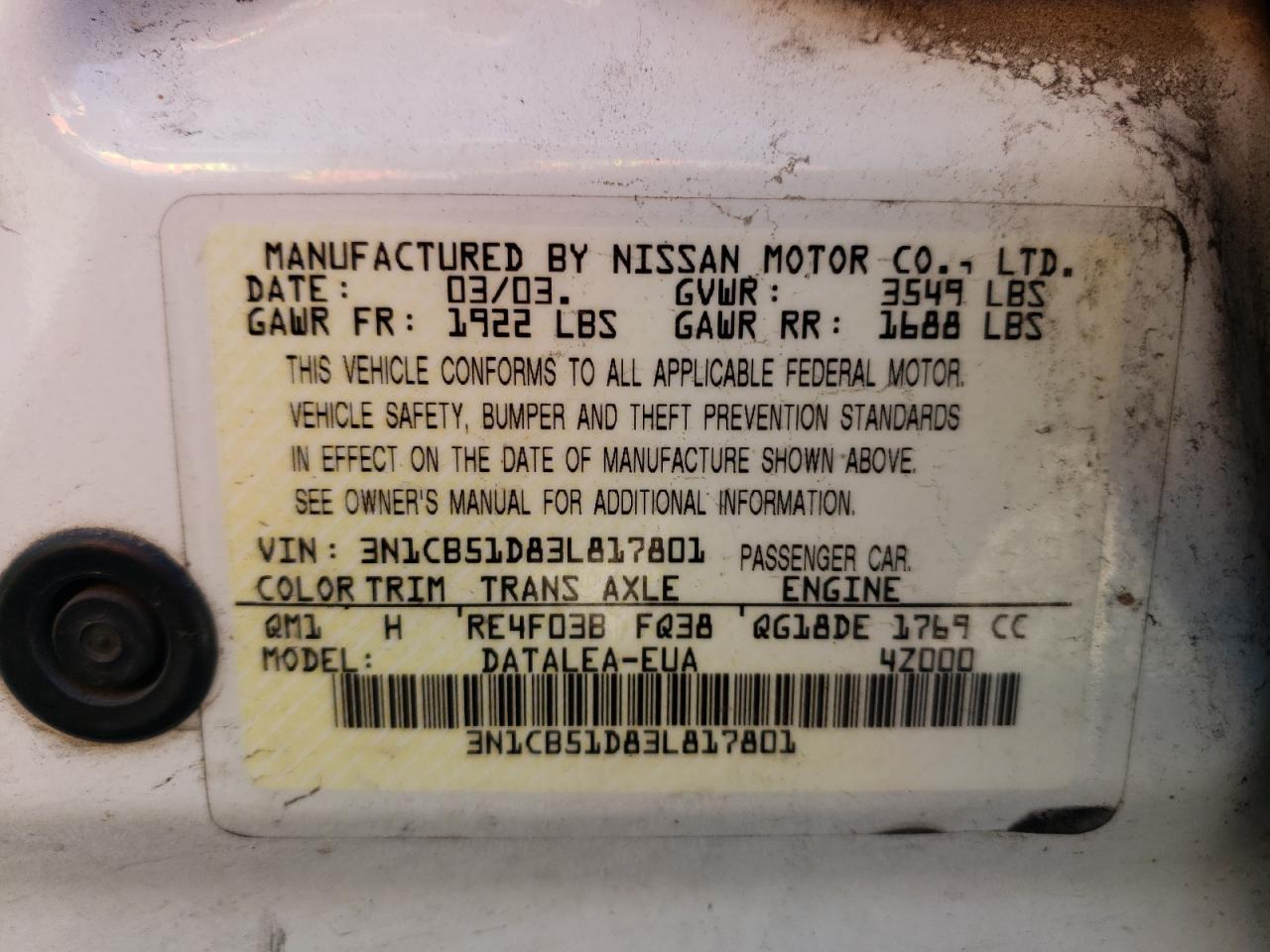 2003 Nissan Sentra Xe VIN: 3N1CB51D83L817801 Lot: 66761514