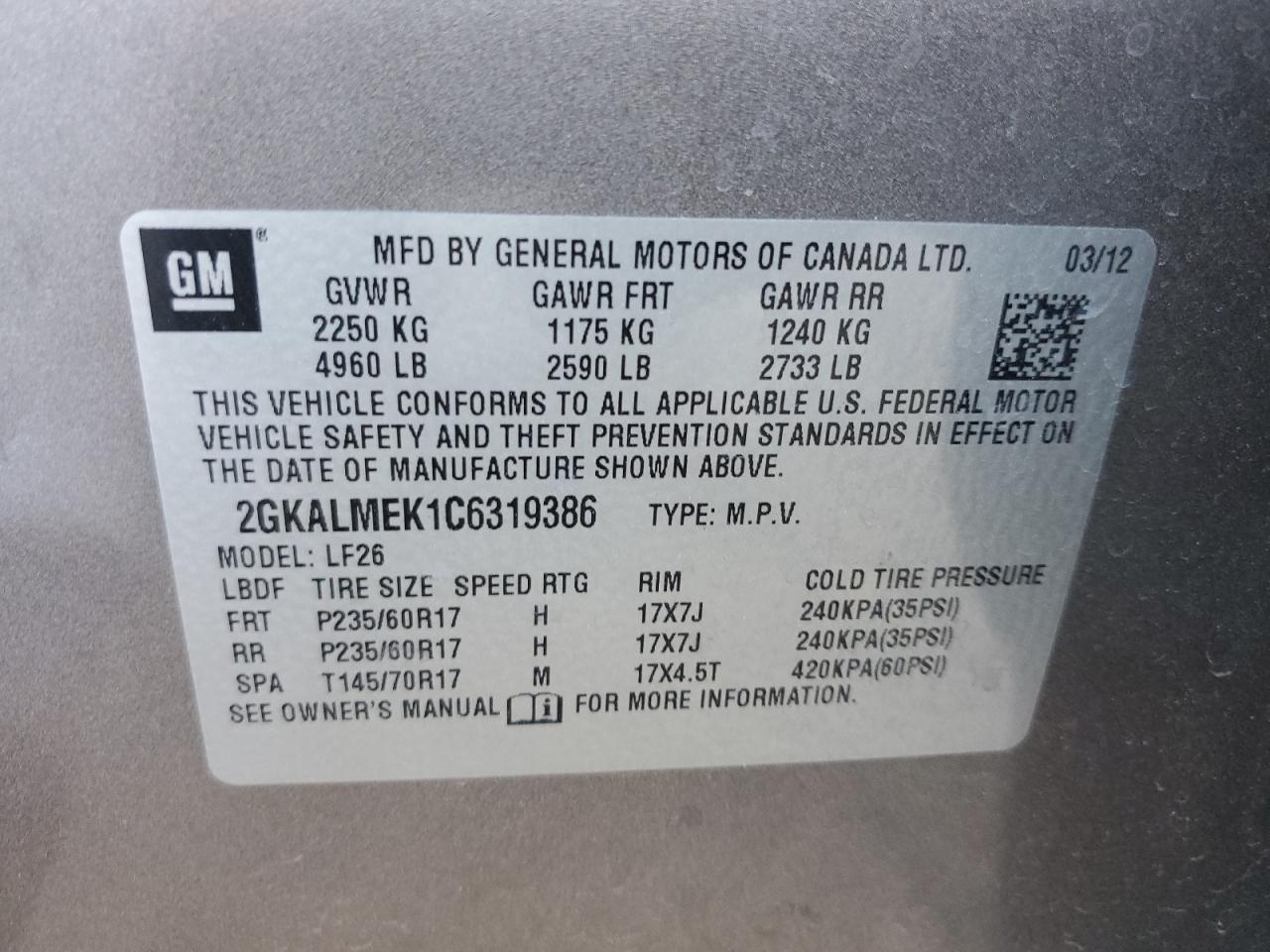 2GKALMEK1C6319386 2012 GMC Terrain Sle