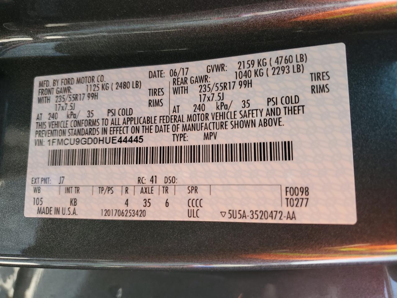 2017 Ford Escape Se VIN: 1FMCU9GD0HUE44445 Lot: 65397754