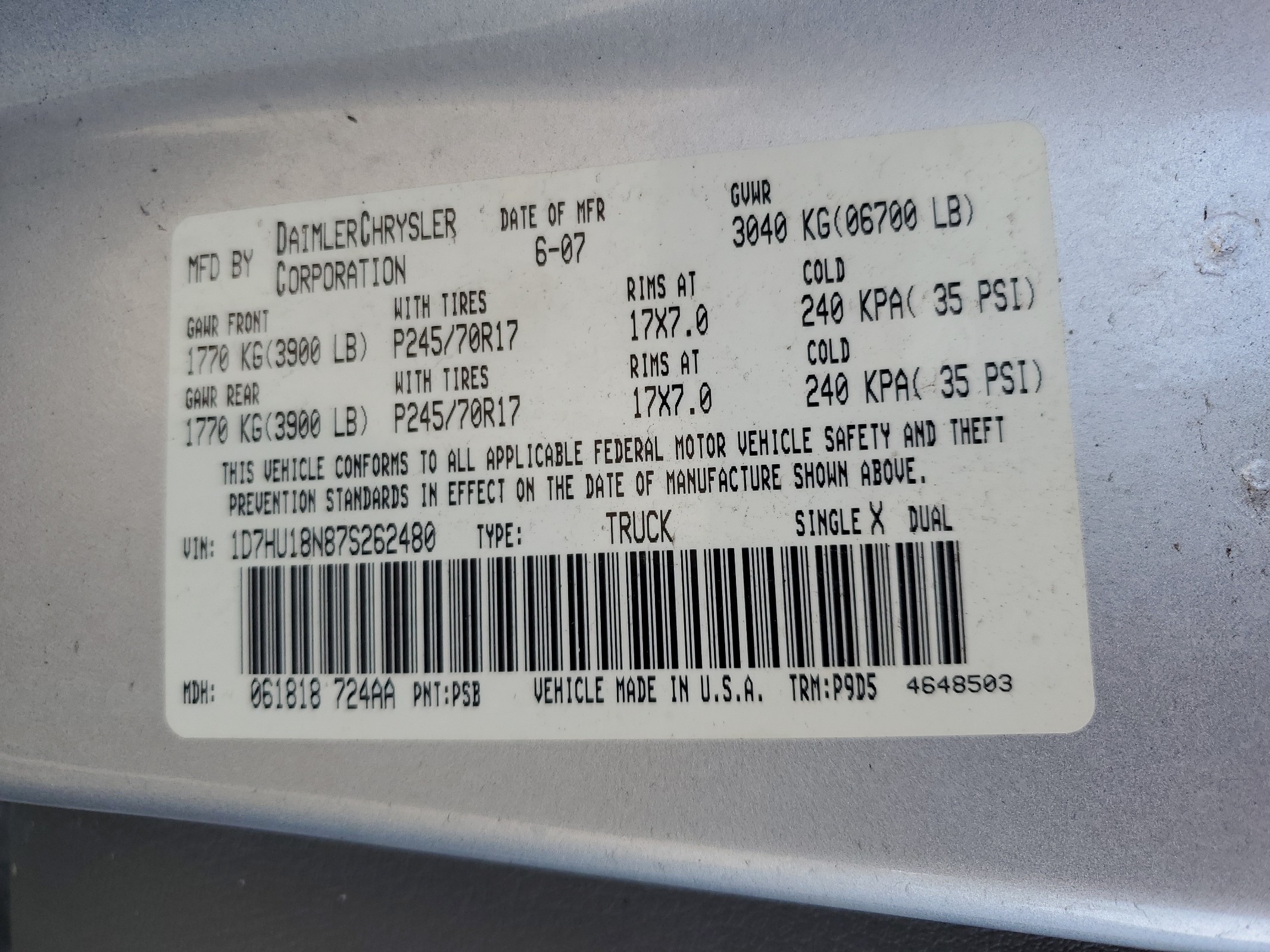 1D7HU18N87S262480 2007 Dodge Ram 1500 St