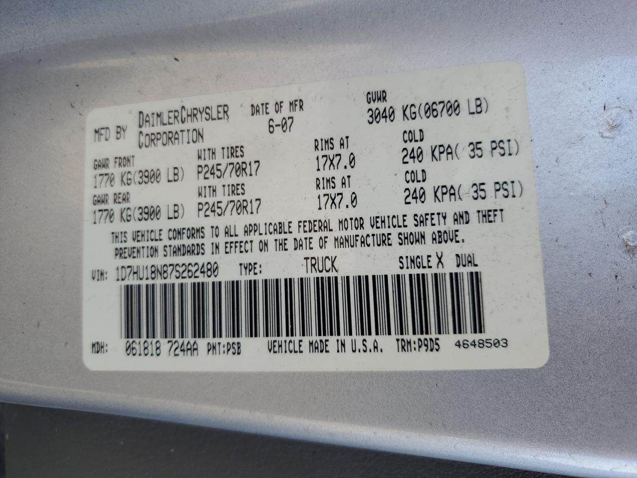 2007 Dodge Ram 1500 St VIN: 1D7HU18N87S262480 Lot: 67580654