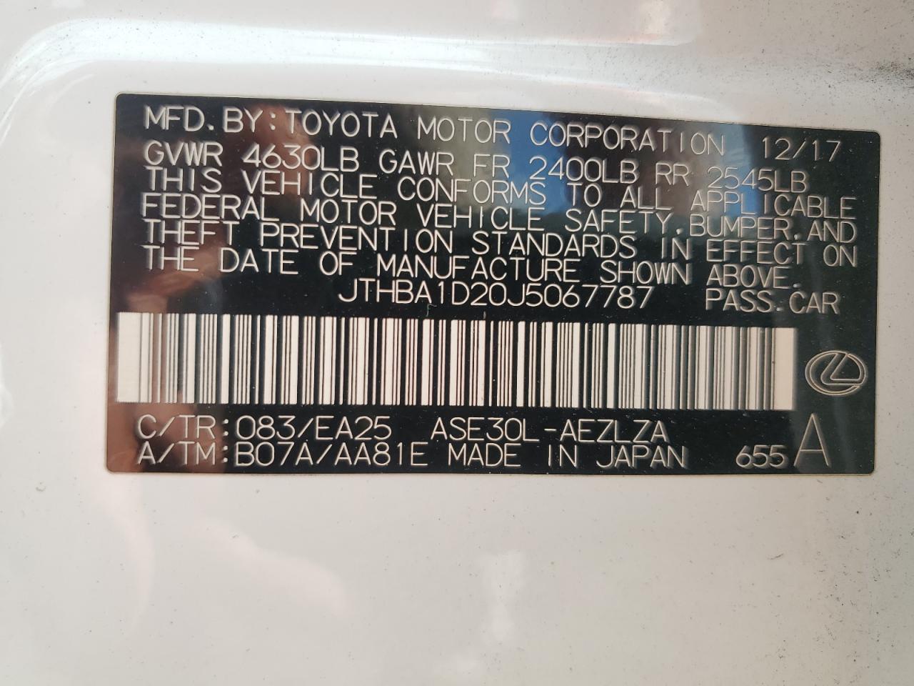 JTHBA1D20J5067787 2018 Lexus Is 300