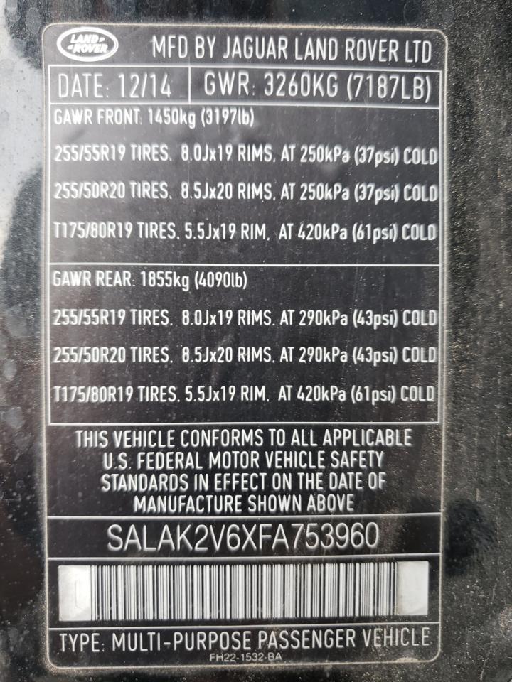 2015 Land Rover Lr4 Hse Luxury VIN: SALAK2V6XFA753960 Lot: 63814884