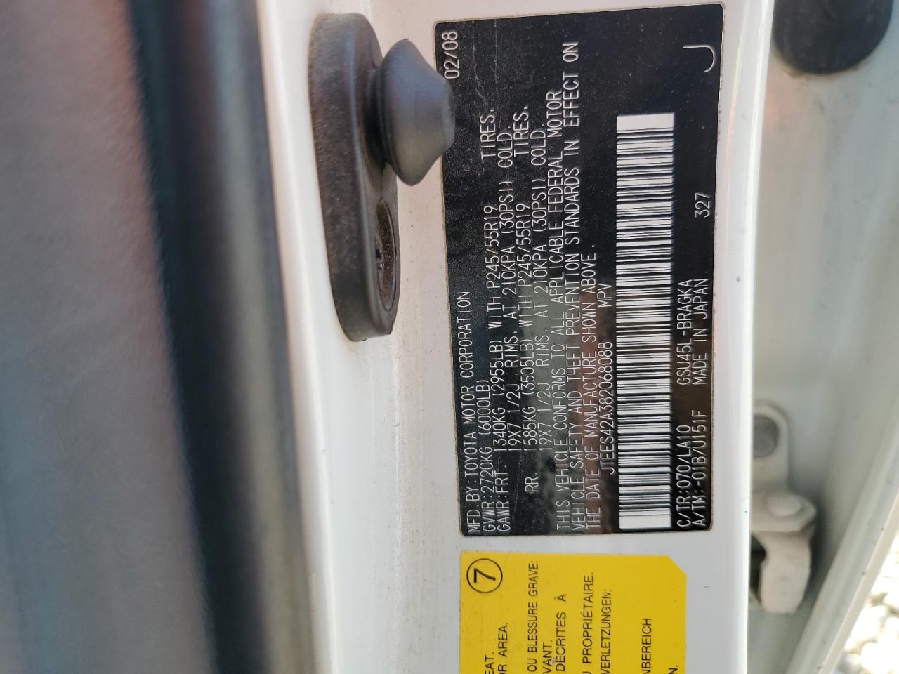 2008 Toyota Highlander Limited VIN: JTEES42A382068088 Lot: 65688324