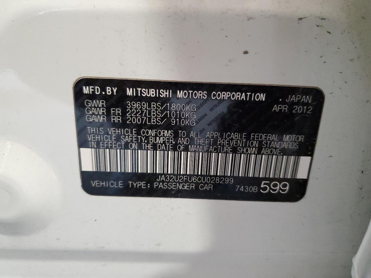 2012 Mitsubishi Lancer Es/Es Sport VIN: JA32U2FU6CU028299 Lot: 68311254