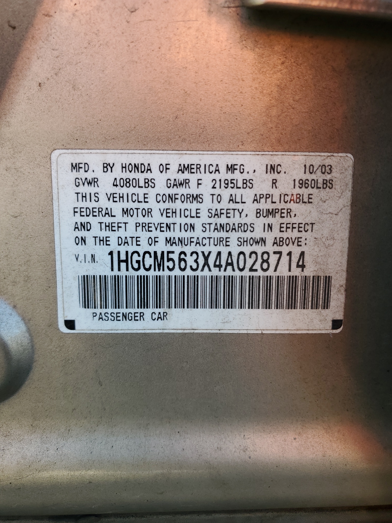 1HGCM563X4A028714 2004 Honda Accord Lx