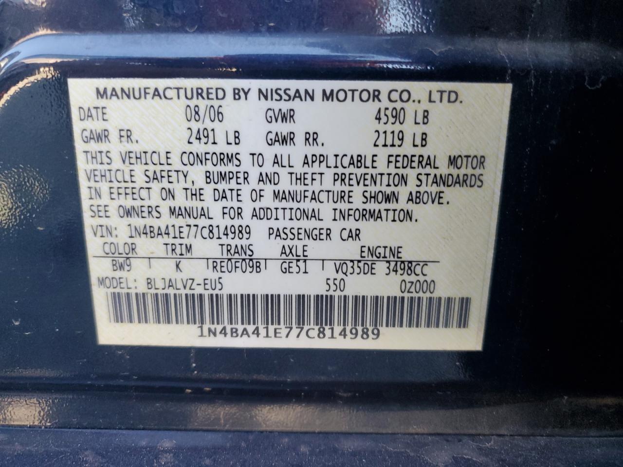 1N4BA41E77C814989 2007 Nissan Maxima Se