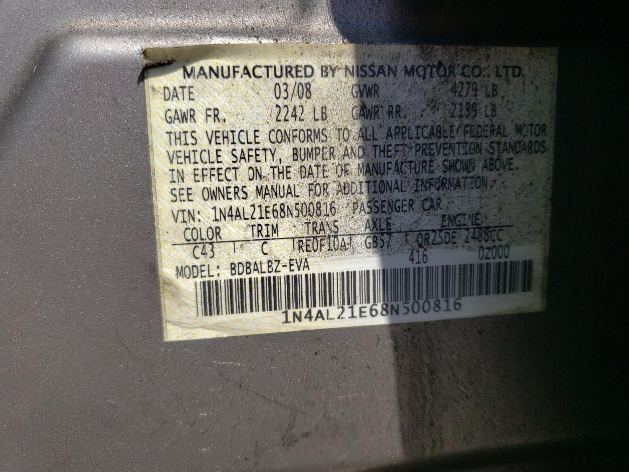 2008 Nissan Altima 2.5 VIN: 1N4AL21E68N500816 Lot: 66487584