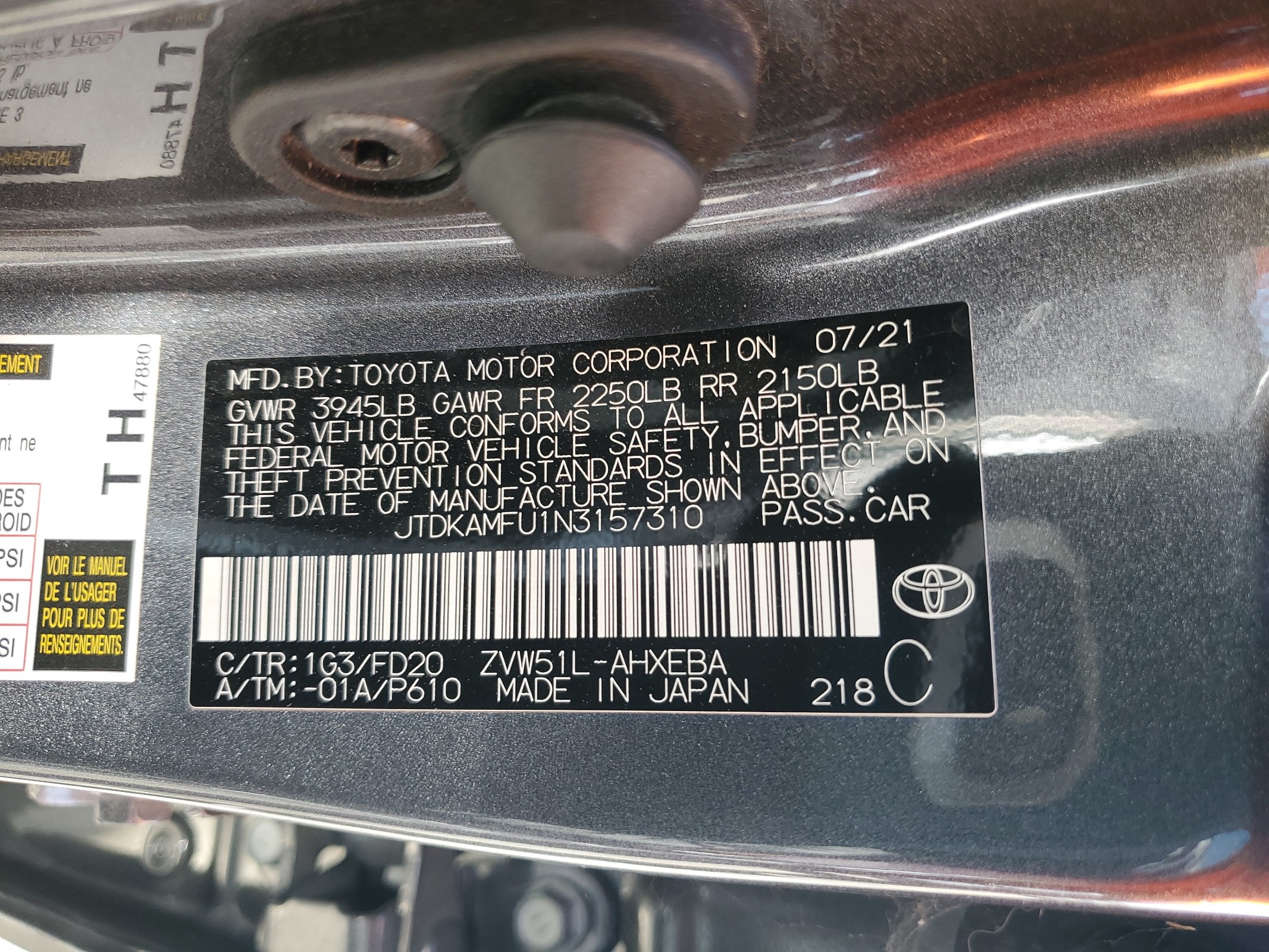 JTDKAMFU1N3157310 2022 Toyota Prius Night Shade JTDKAMFU1N3157310 2022 Toyota Prius Night Shade