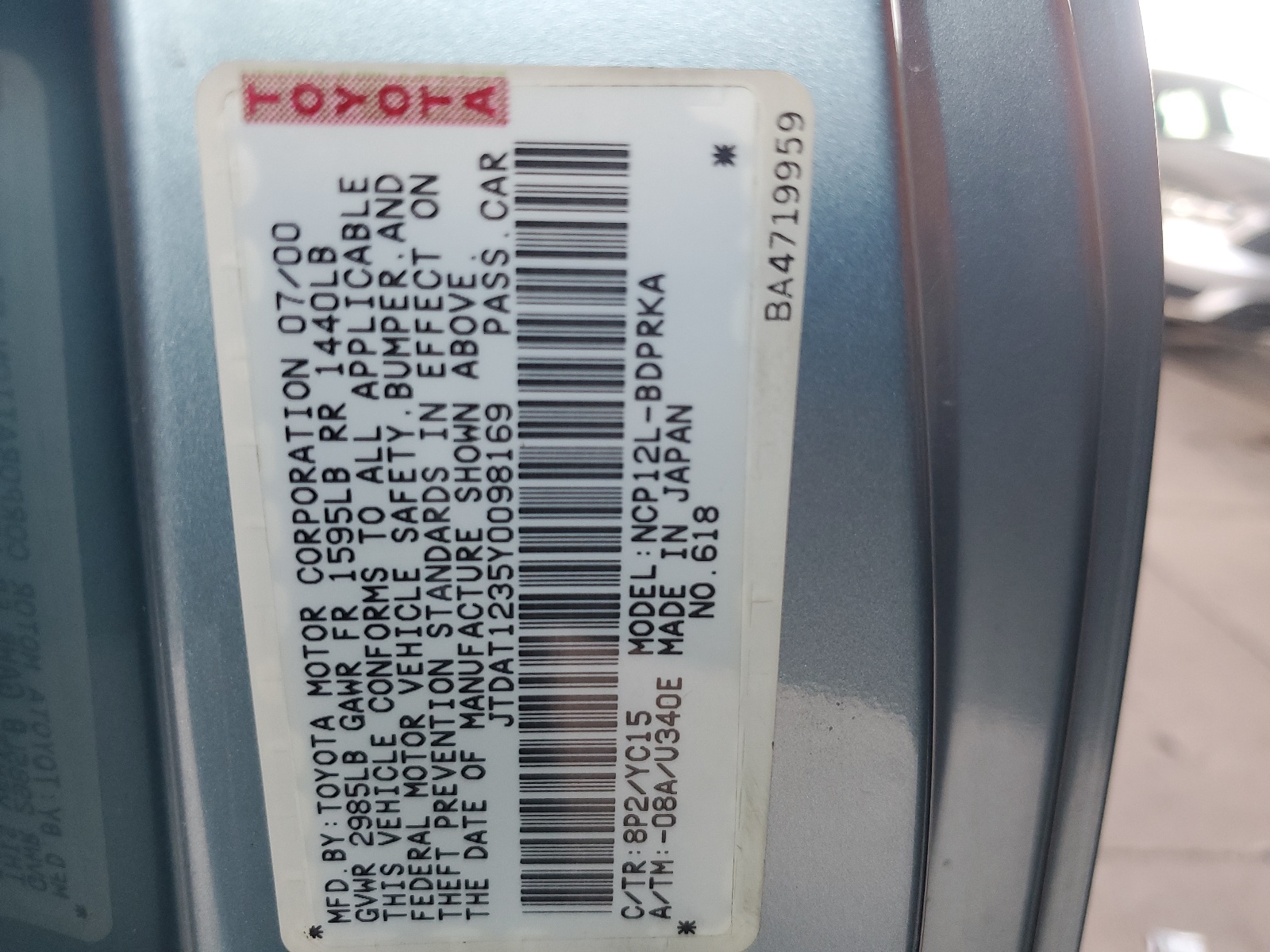 JTDAT1235Y0098169 2000 Toyota Echo