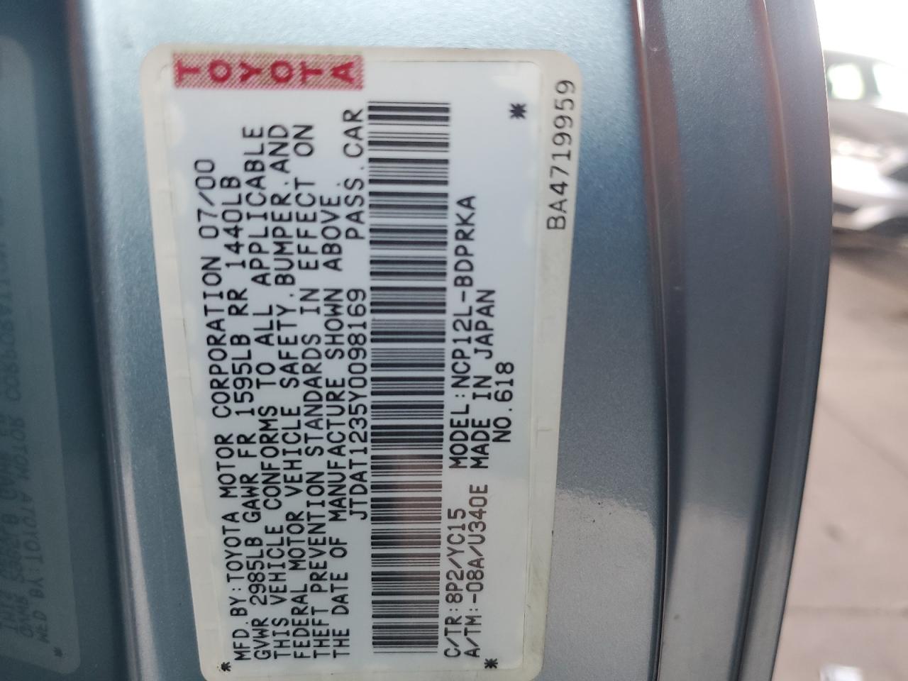 2000 Toyota Echo VIN: JTDAT1235Y0098169 Lot: 66657544