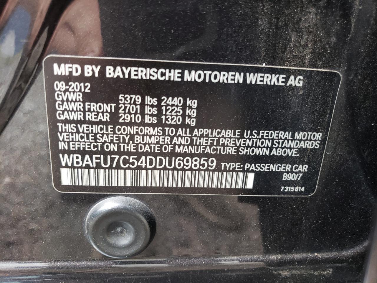 2013 BMW 535 Xi VIN: WBAFU7C54DDU69859 Lot: 65425724