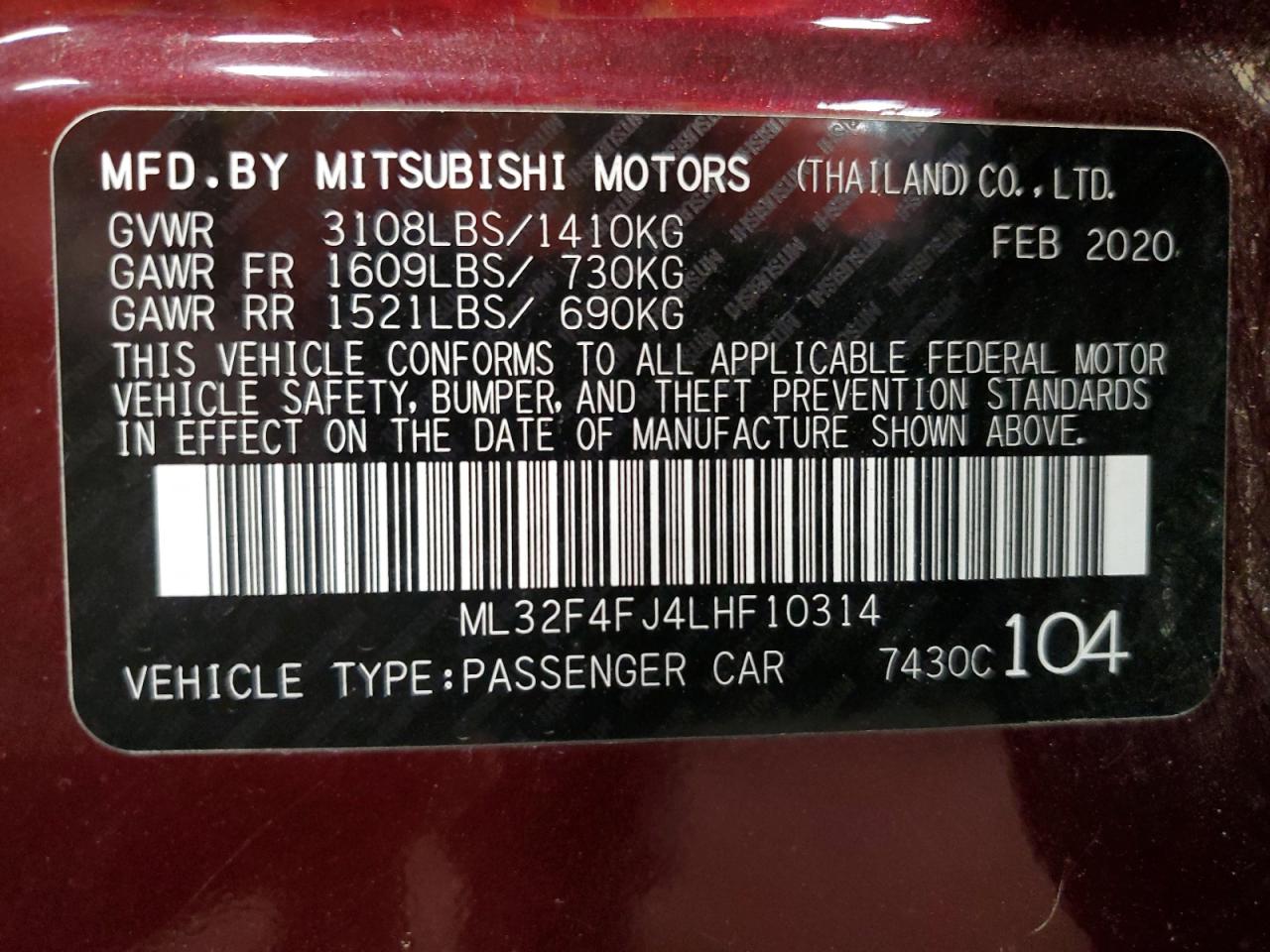 2020 Mitsubishi Mirage G4 Se VIN: ML32F4FJ4LHF10314 Lot: 67037614