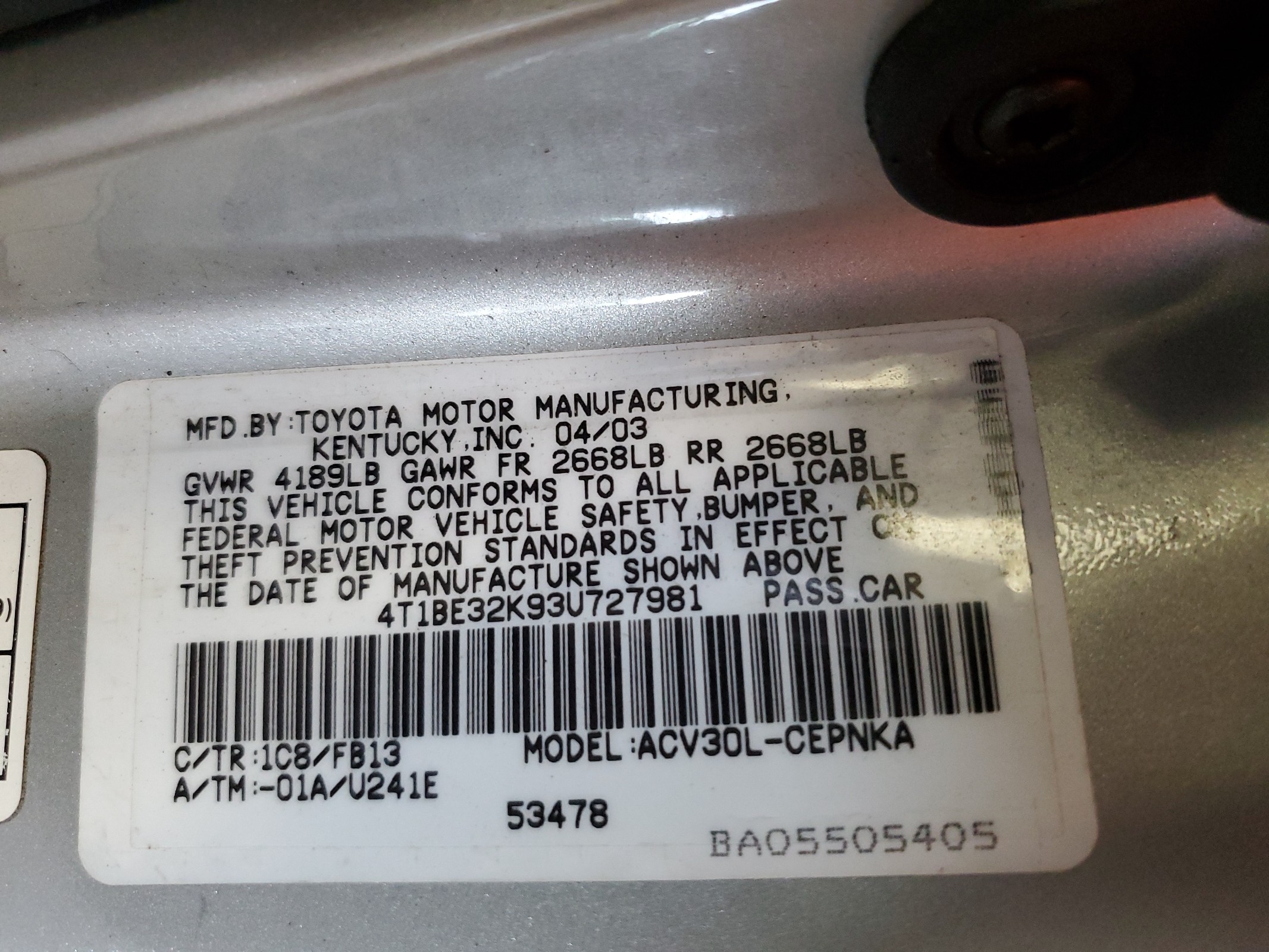 4T1BE32K93U727981 2003 Toyota Camry Le