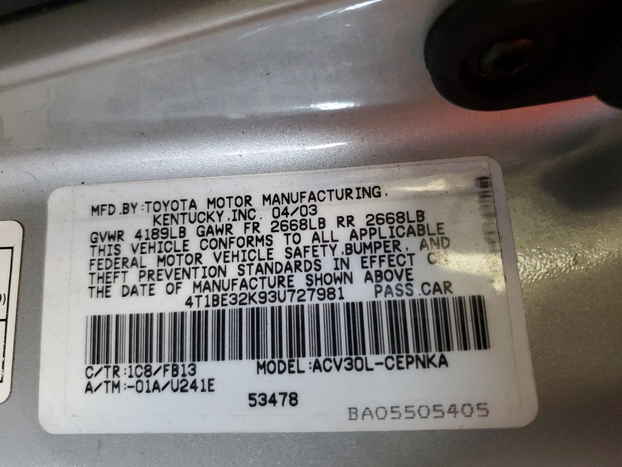 2003 Toyota Camry Le VIN: 4T1BE32K93U727981 Lot: 65872734