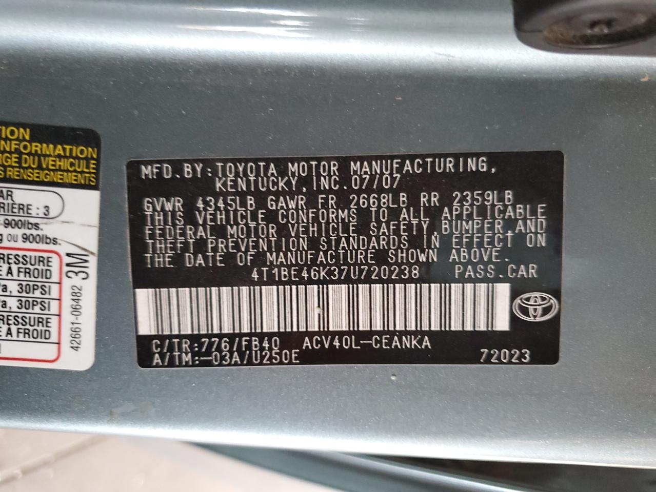 4T1BE46K37U720238 2007 Toyota Camry Ce