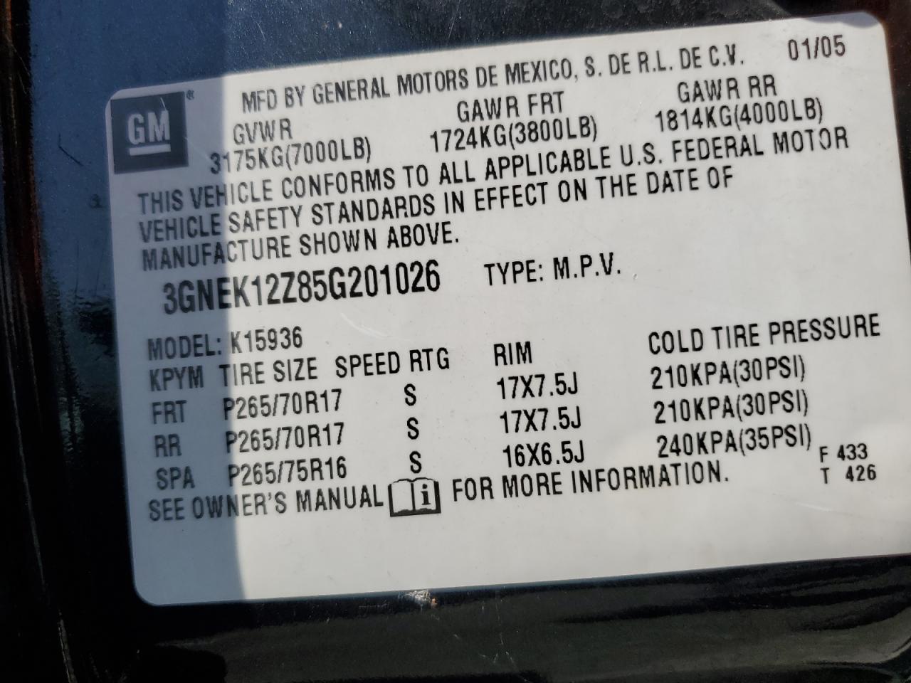 3GNEK12Z85G201026 2005 Chevrolet Avalanche K1500