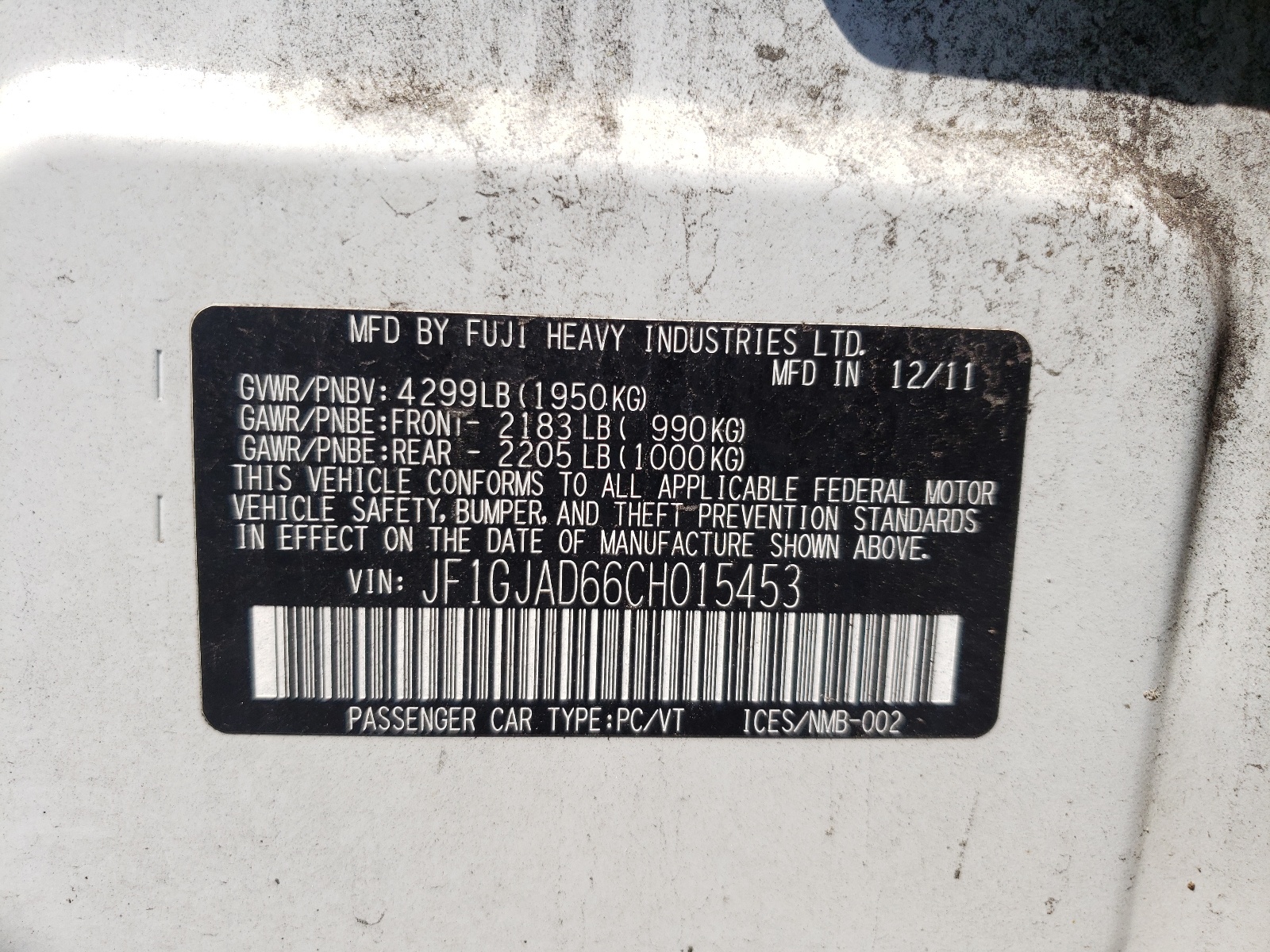 JF1GJAD66CH015453 2012 Subaru Impreza Premium