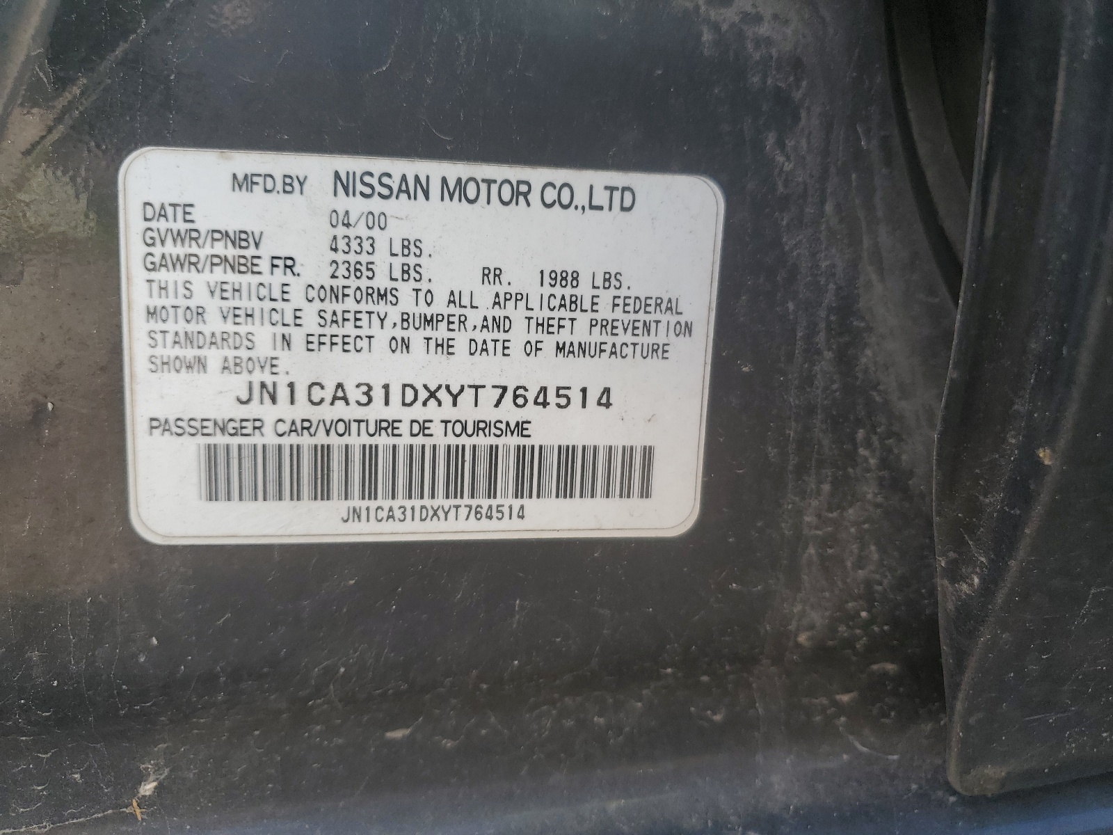 JN1CA31DXYT764514 2000 Nissan Maxima Gle