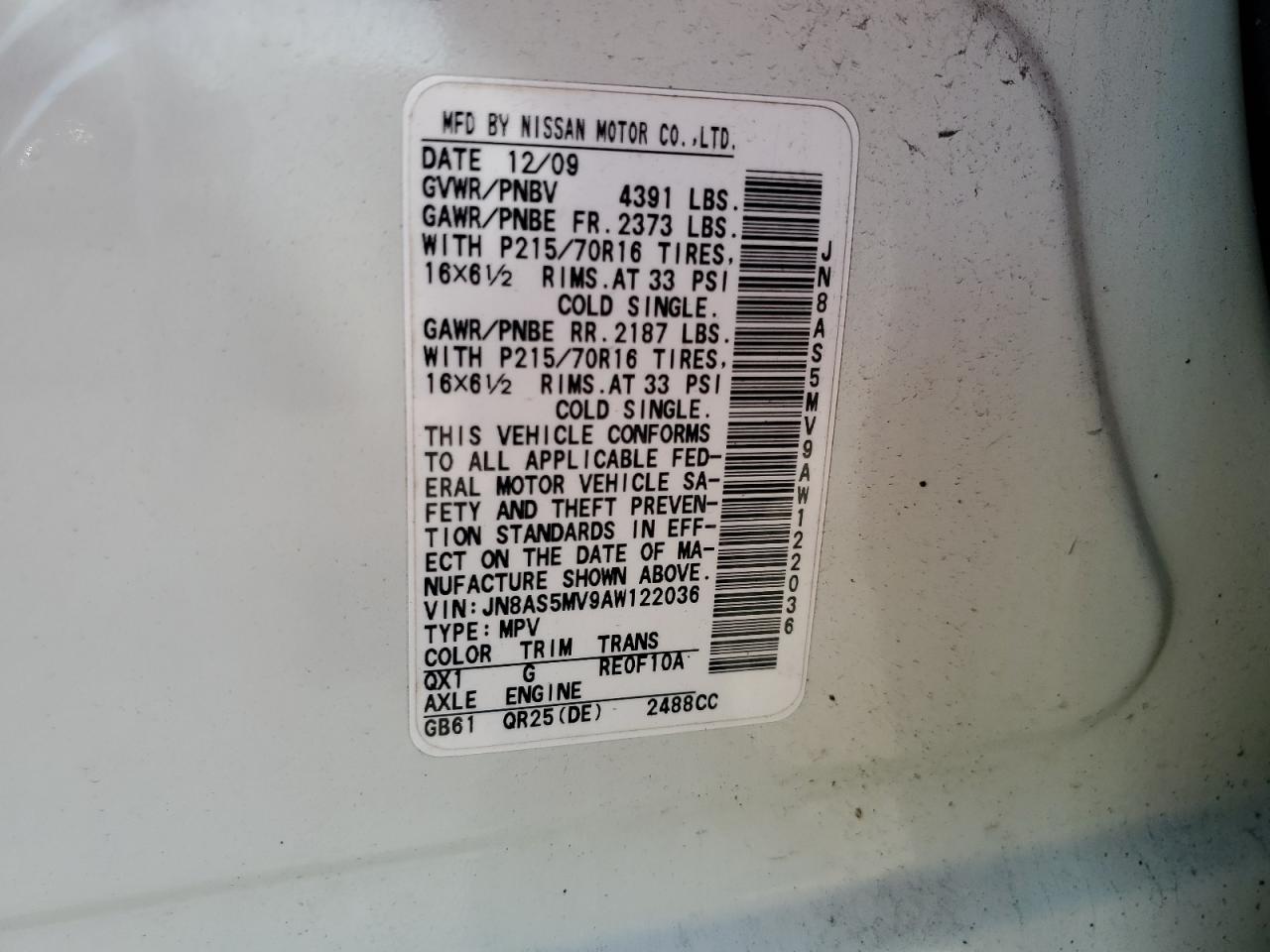 2010 Nissan Rogue S VIN: JN8AS5MV9AW122036 Lot: 65701454