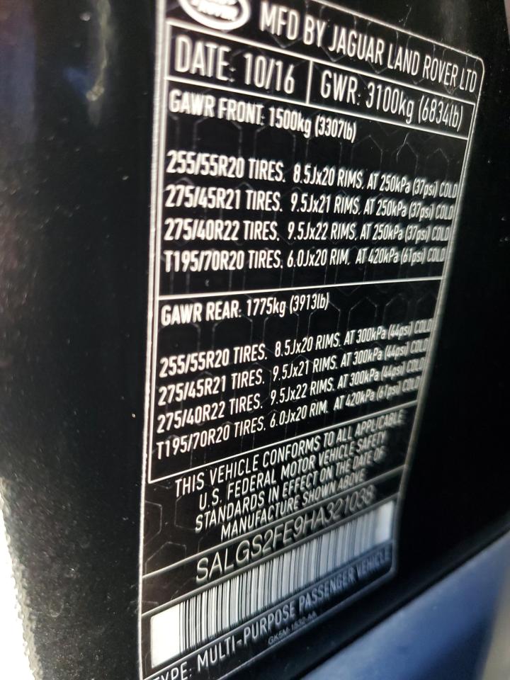 2017 Land Rover Range Rover Supercharged VIN: SALGS2FE9HA321038 Lot: 65495494