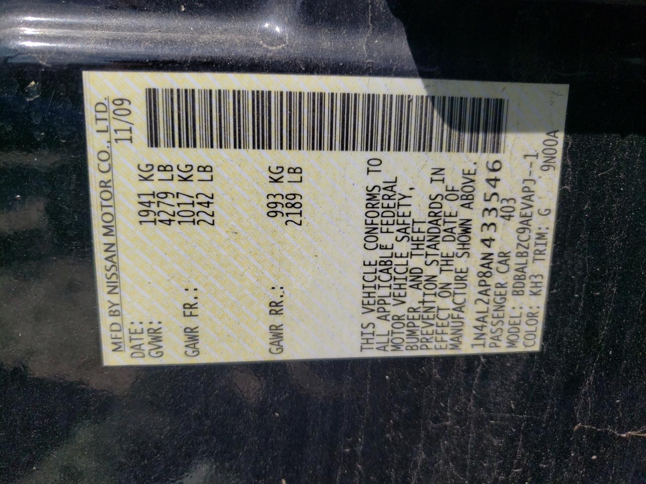 2010 Nissan Altima Base VIN: 1N4AL2AP8AN433546 Lot: 68269364