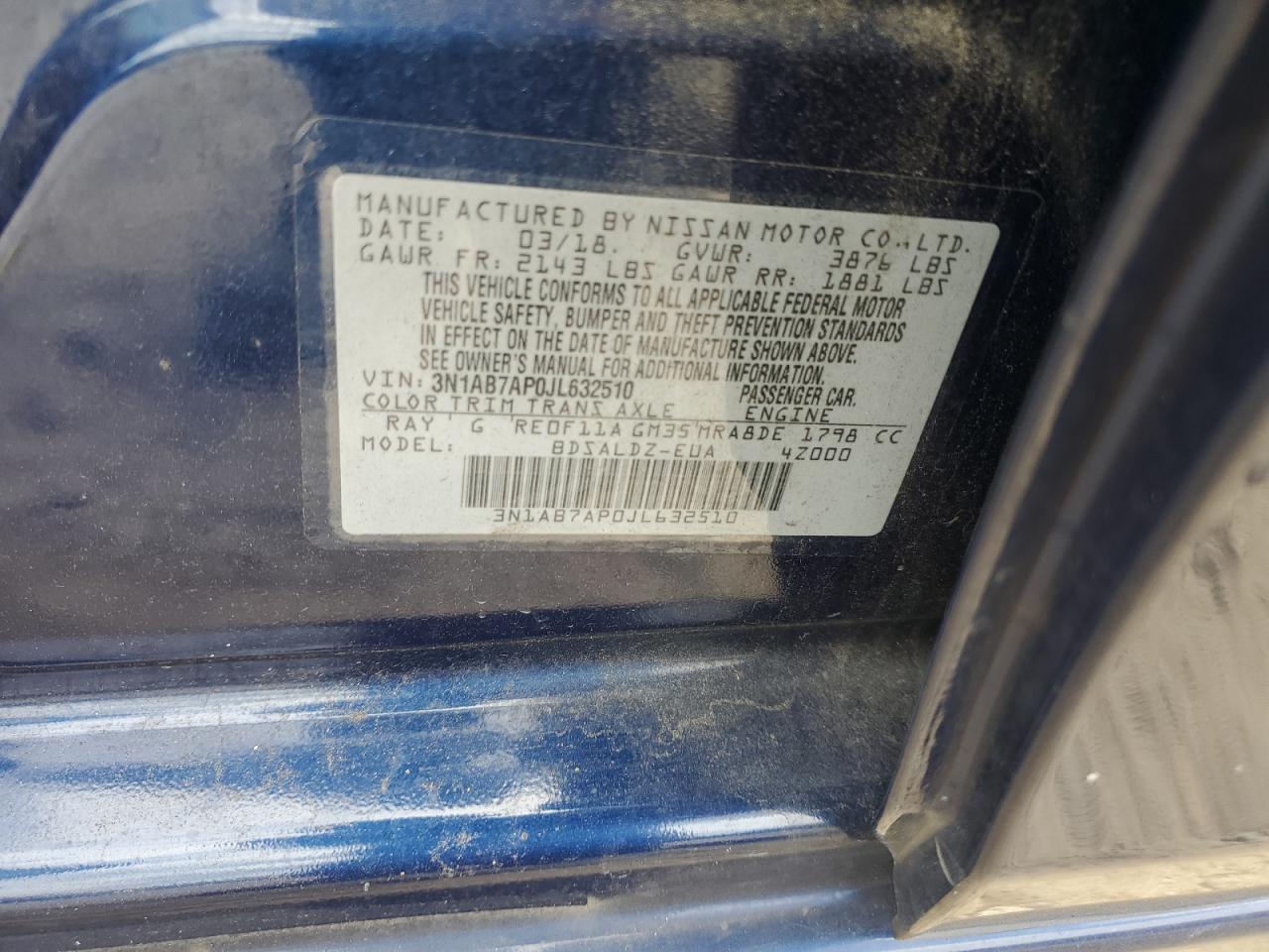 3N1AB7AP0JL632510 2018 Nissan Sentra S